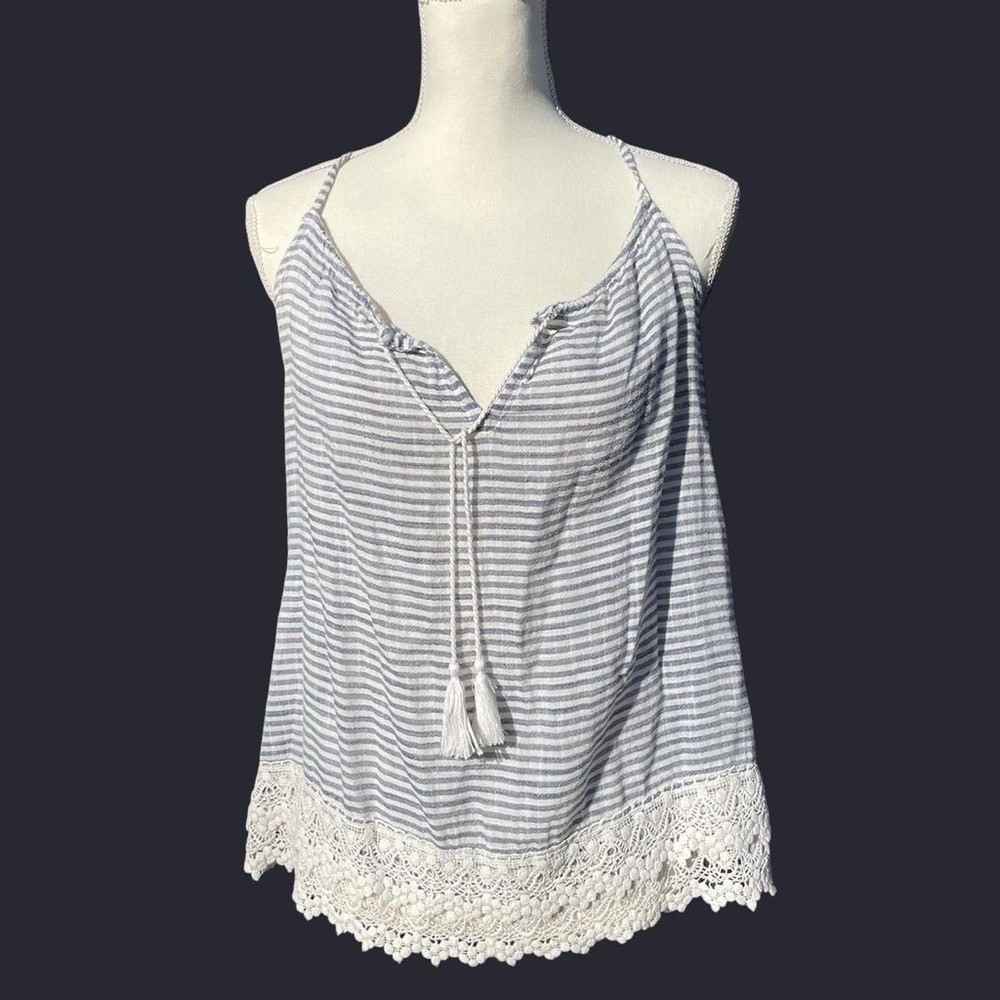 Striped Tassel Lace-Hem Cami Tank Top - White & Light Gray